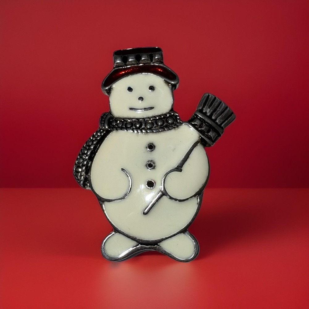 Vintage Signed Lia Enamel & Marcasite‎ Snowman Brooch — Rhinestone Christmas Pin